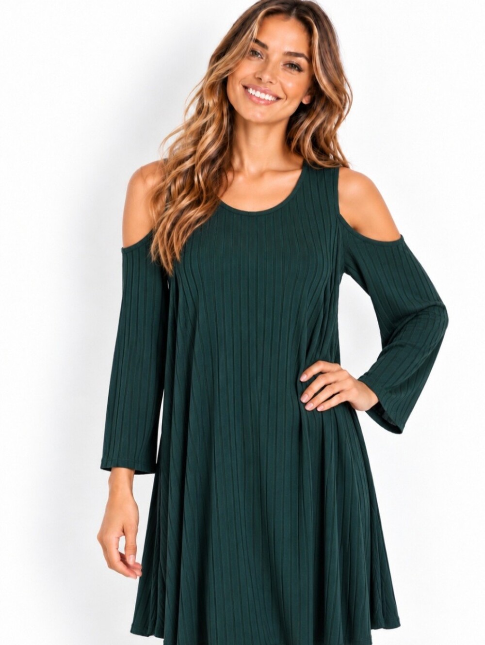 Cold-Shoulder Ribbed Swing Dress - Dark Green